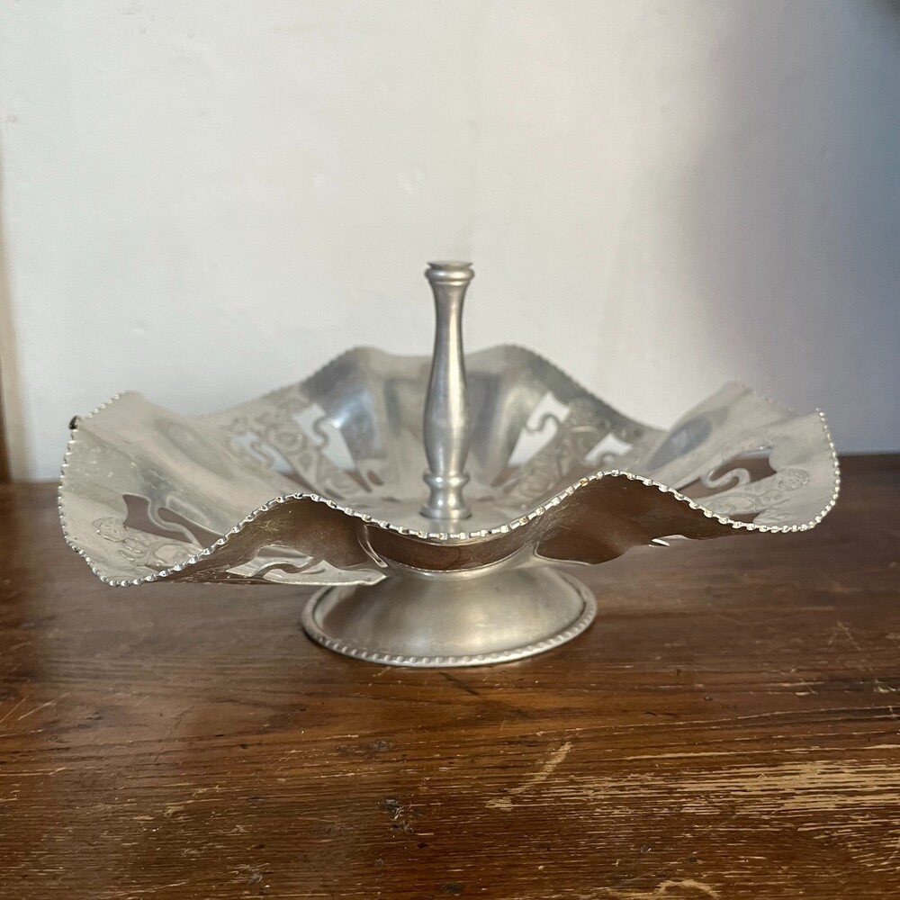 VTG Pierced Aluminum Pedestal Tidbit Serving Tray Candy Dish Bowl Center Handle